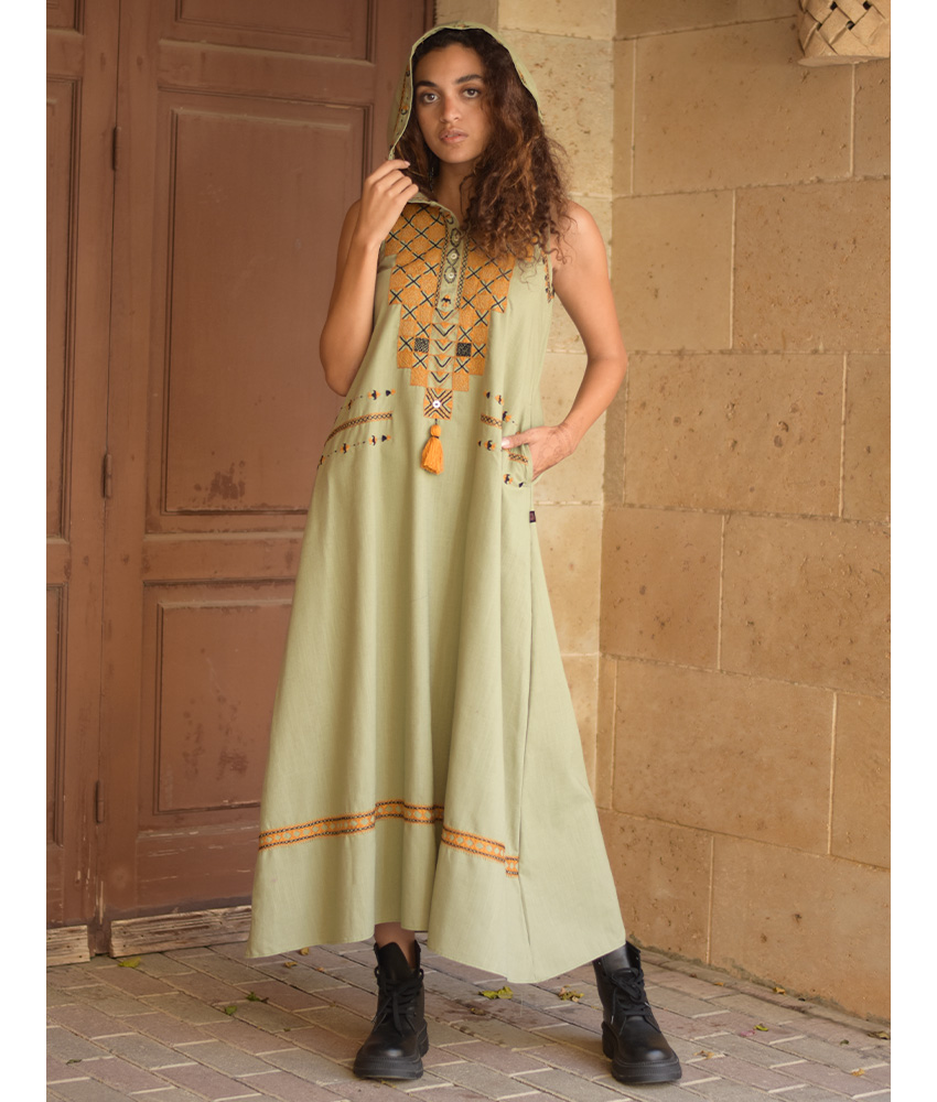 Light olive Siwa Heavily Embroidered Linen Dress with Hoodie handmade in Egypt & available at Jozee Boutique.