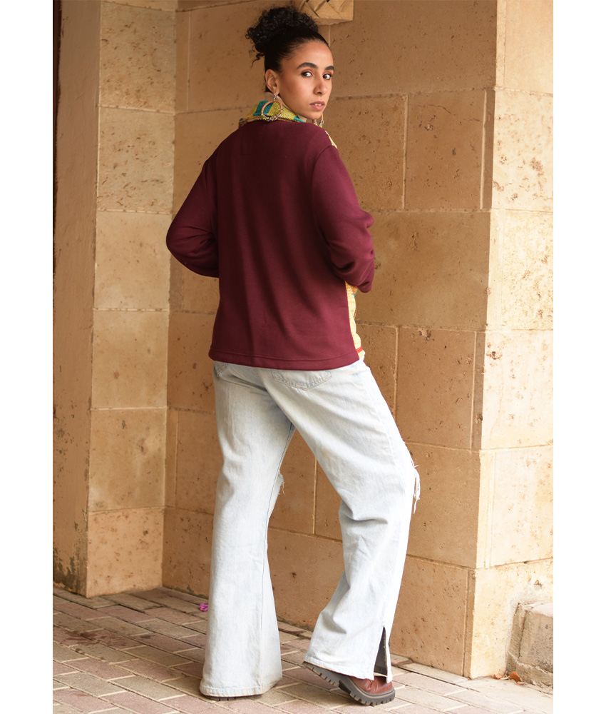 Burgundy & beige Cropped Akhmim Loomwoven Jacket handmade in Egypt & available at Jozee Boutique.handmade in Egypt & available at Jozee Boutique.