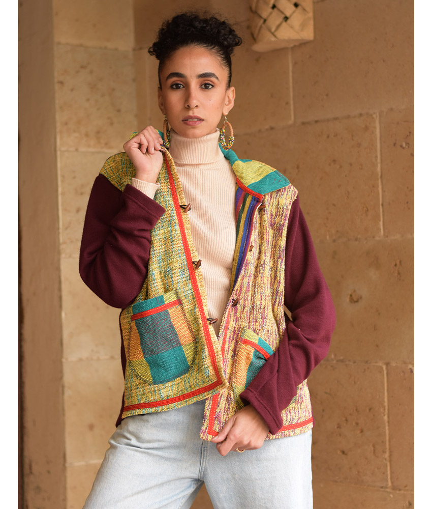 Burgundy & beige Cropped Akhmim Loomwoven Jacket handmade in Egypt & available at Jozee Boutique.handmade in Egypt & available at Jozee Boutique.