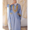 Denim blue Siwa Embroidered Linen Kaftan with Hoodie handmade in Egypt & available at Jozee Boutique.