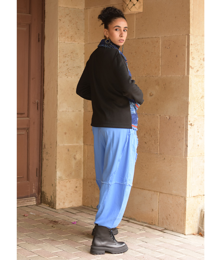 Black & Blue Cropped Akhmim Loomwoven Jacket handmade in Egypt & available at Jozee Boutique.handmade in Egypt & available at Jozee Boutique.