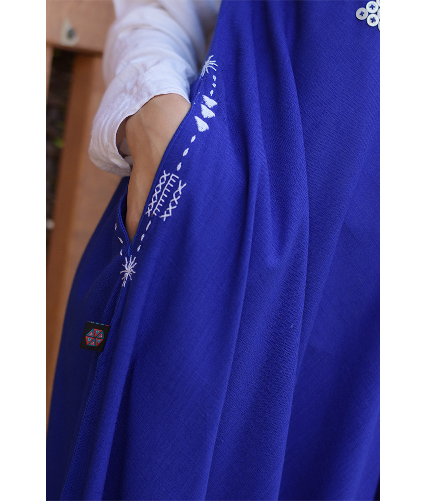 Electric Blue Siwa Embroidered Linen Flowy Jumpsuit/Dress handmade in Egypt & available at Jozee Boutique.