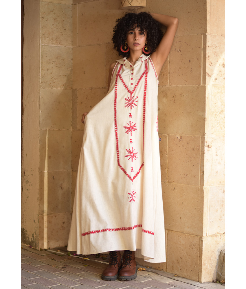 Off white Siwa Embroidered Linen Dress with Hoodie handmade in Egypt & available at Jozee Boutique.