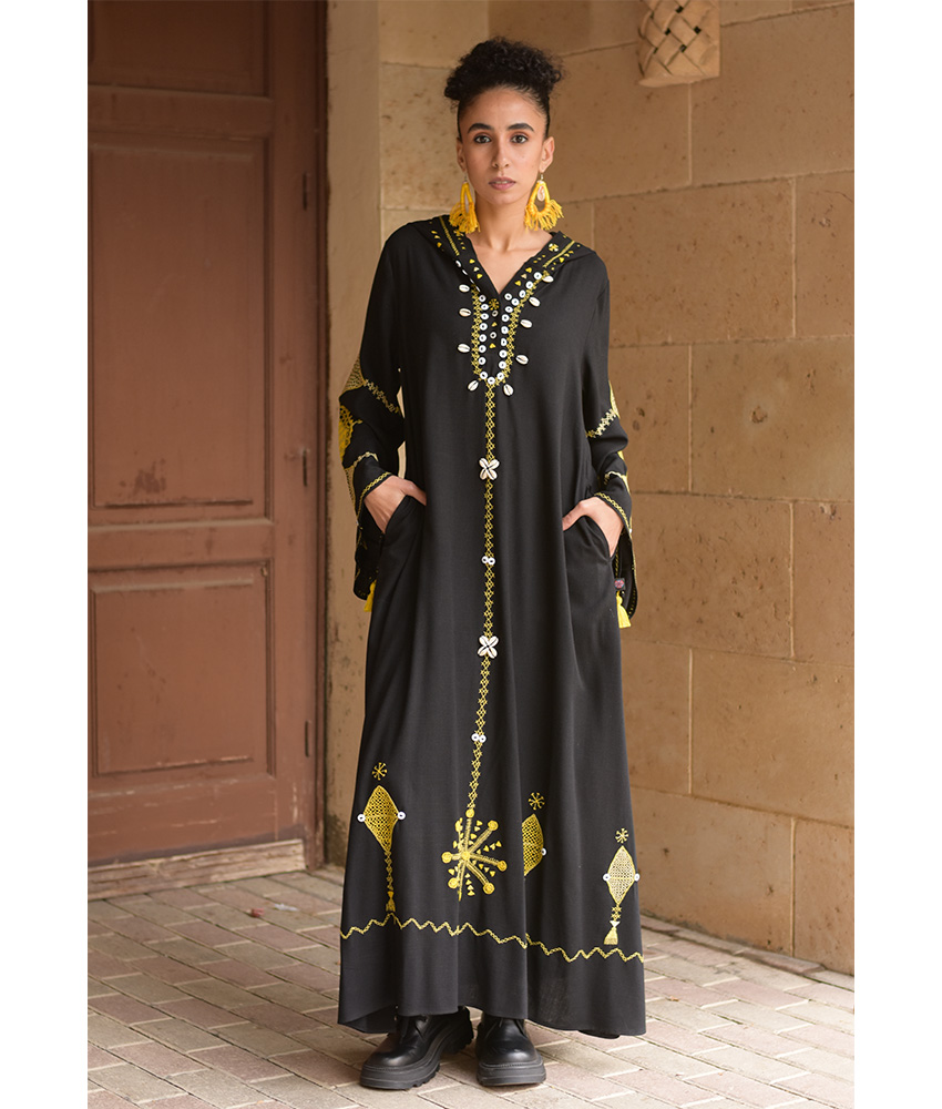 Black Siwa Embroidered Linen Dress with Hoodie handmade in Egypt & available at Jozee Boutique.