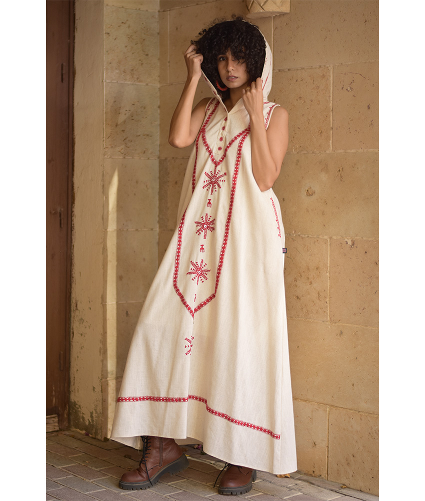 Off white Siwa Embroidered Linen Dress with Hoodie handmade in Egypt & available at Jozee Boutique.