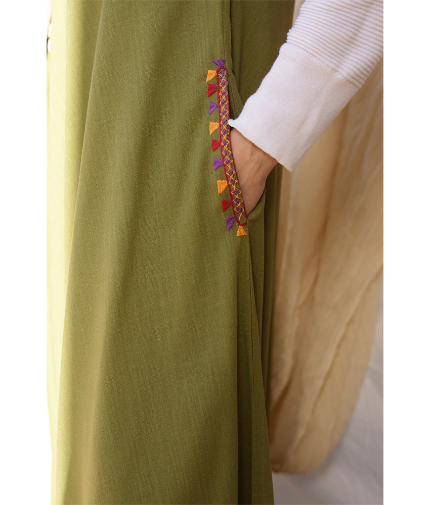 Army green Siwa Embroidered Linen Flowy Jumpsuit/Dress handmade in Egypt & available at Jozee Boutique.