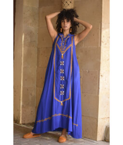 Electric Blue Siwa Embroidered Linen Dress with Hoodie handmade in Egypt & available at Jozee Boutique.