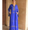 Electric Blue Siwa Embroidered Linen Dress with Hoodie handmade in Egypt & available at Jozee Boutique.
