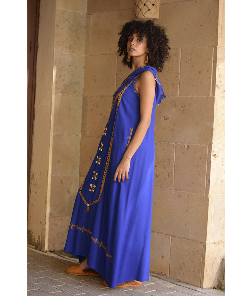 Electric Blue Siwa Embroidered Linen Dress with Hoodie handmade in Egypt & available at Jozee Boutique.