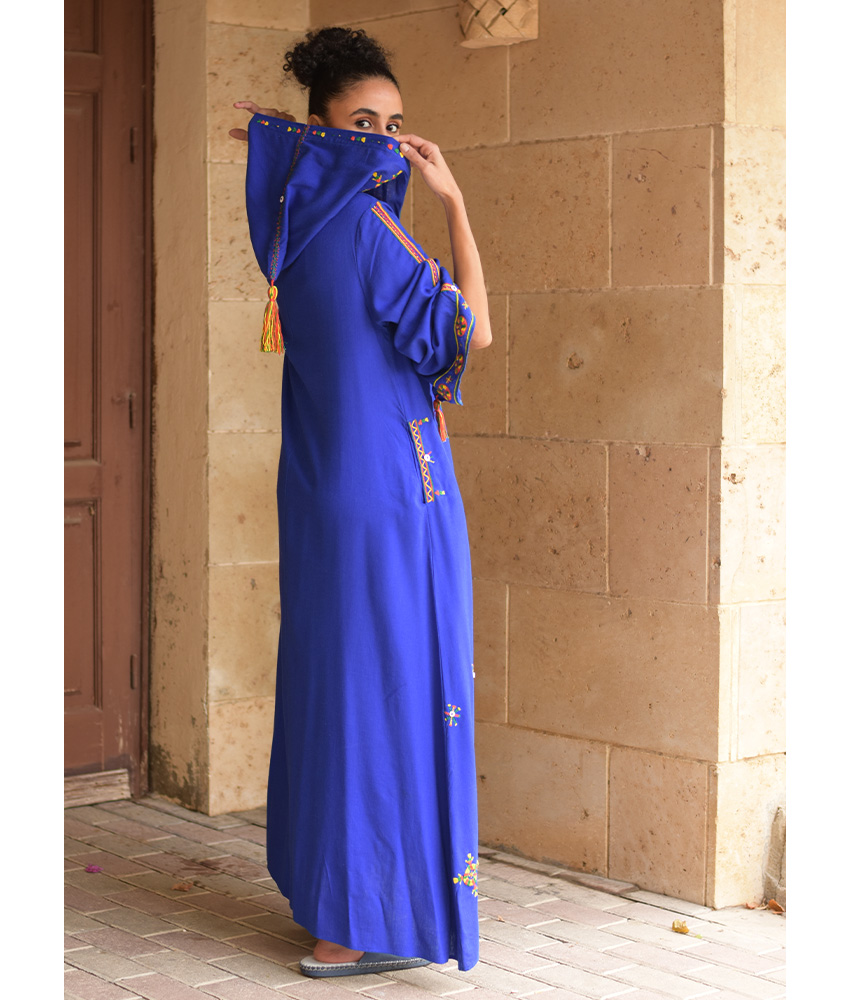 Electric Blue Siwa Embroidered Linen Dress with Hoodie handmade in Egypt & available at Jozee Boutique.