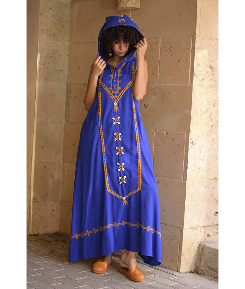 Electric Blue Siwa Embroidered Linen Dress with Hoodie handmade in Egypt & available at Jozee Boutique.