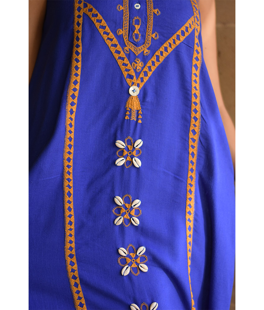 Electric Blue Siwa Embroidered Linen Dress with Hoodie handmade in Egypt & available at Jozee Boutique.