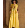 Mustard Siwa Heavily Embroidered Linen Dress with Hoodie handmade in Egypt & available at Jozee Boutique.
