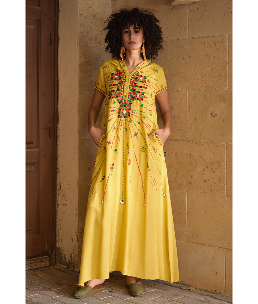 Mustard Siwa Heavily Embroidered Linen Dress with Hoodie handmade in Egypt & available at Jozee Boutique.