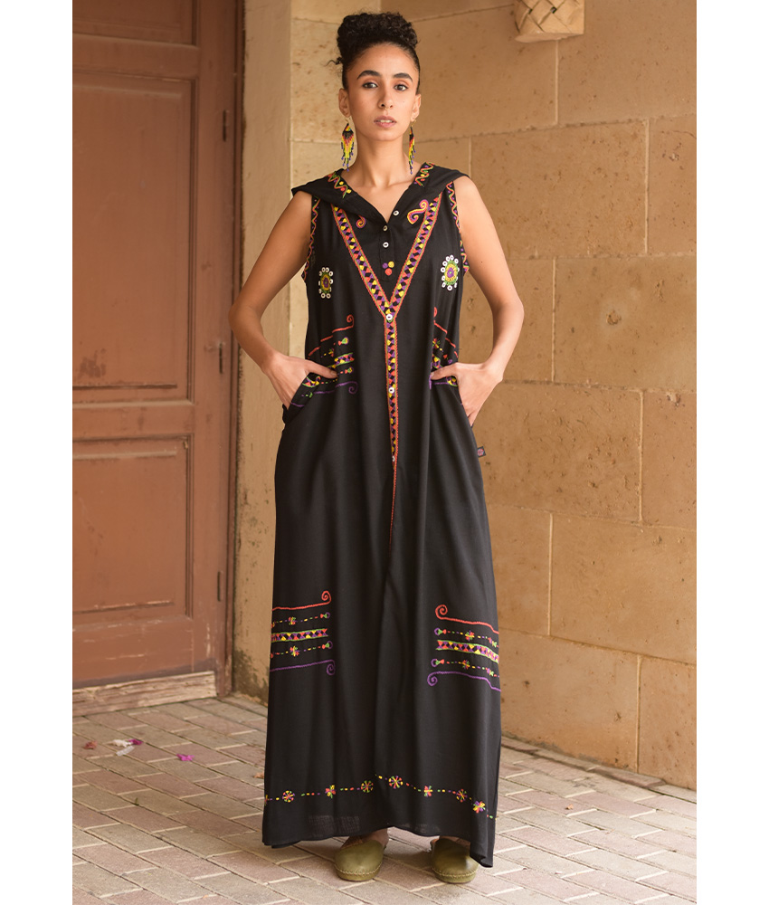 Black Siwa Embroidered Linen Dress with Hoodie handmade in Egypt & available at Jozee Boutique.