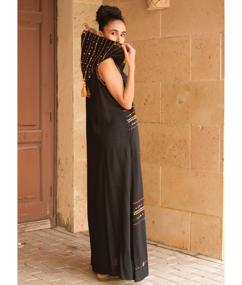 Black Siwa Embroidered Linen Dress with Hoodie handmade in Egypt & available at Jozee Boutique.