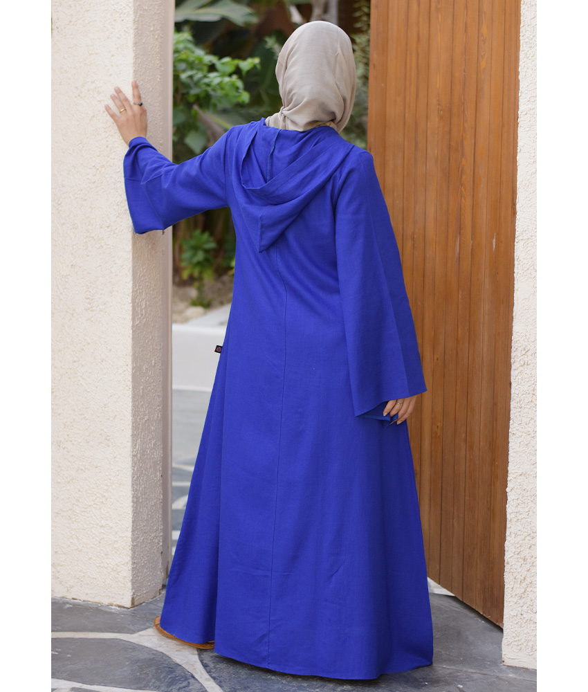 Electric Blue Linen Dress with Hoodie handmade in Egypt & available at Jozee Boutique.