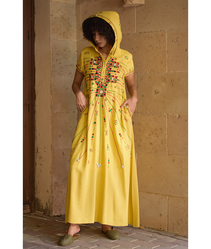 Mustard Siwa Heavily Embroidered Linen Dress with Hoodie handmade in Egypt & available at Jozee Boutique.