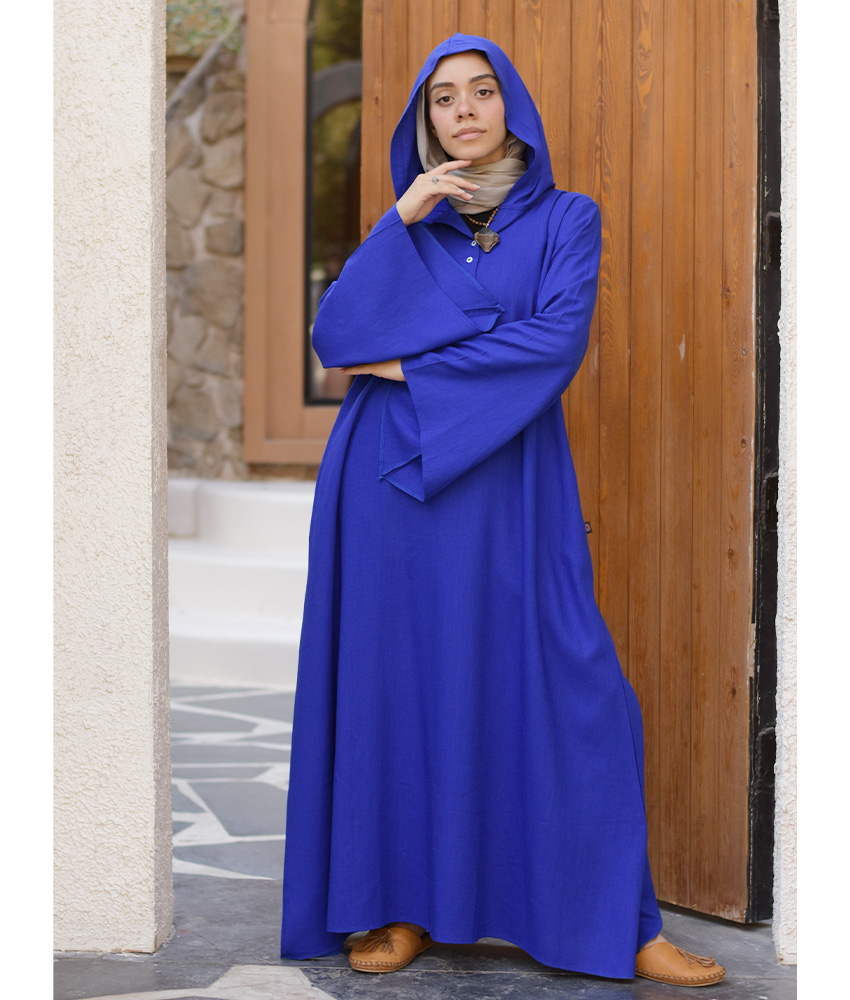 Electric Blue Linen Dress with Hoodie handmade in Egypt & available at Jozee Boutique.