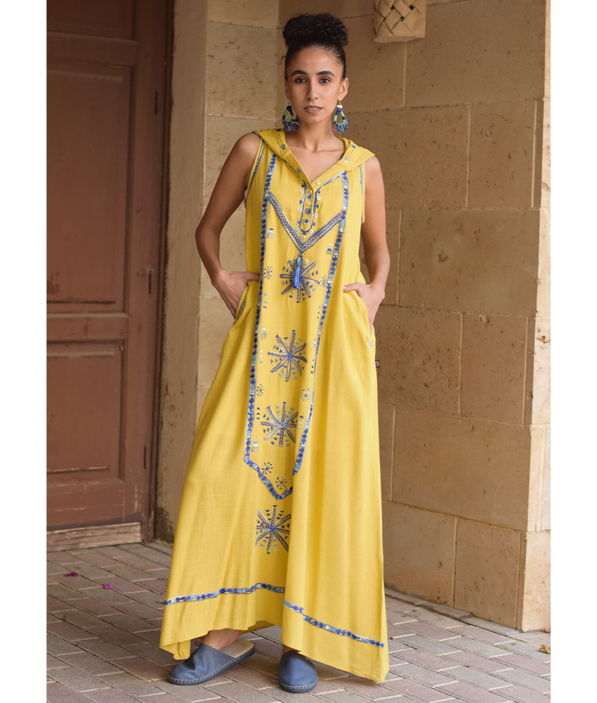 Mustard Siwa Embroidered Linen Dress with Hoodie handmade in Egypt & available at Jozee Boutique.