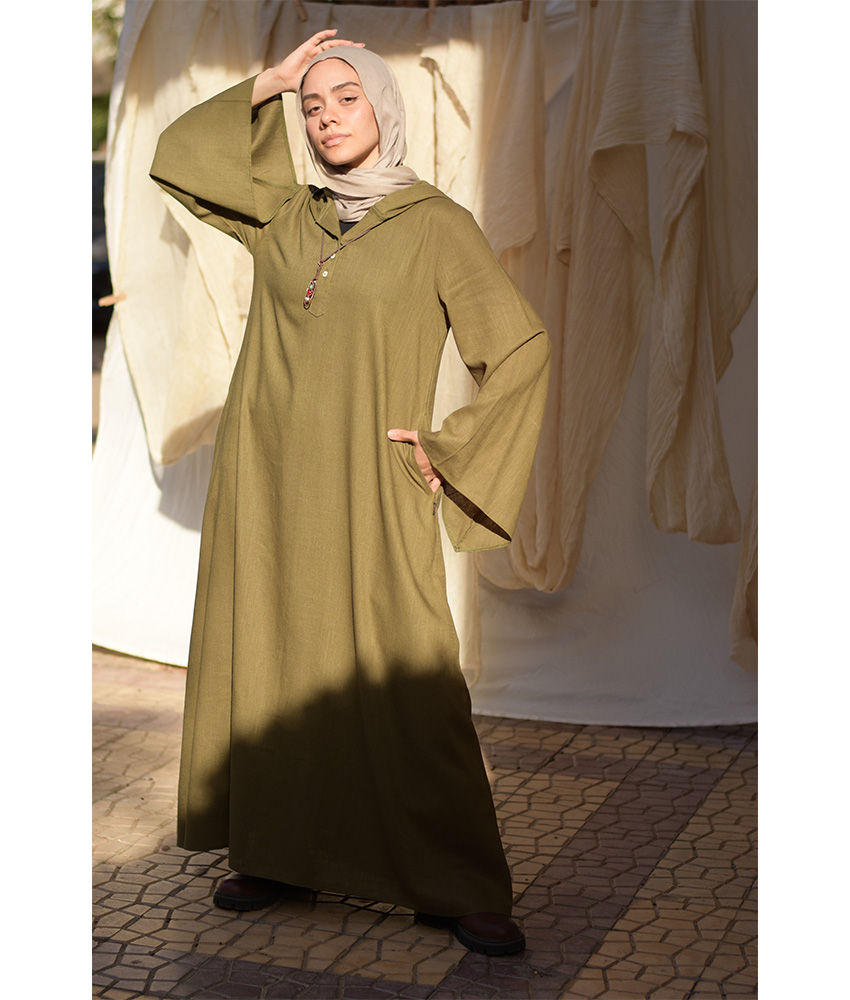 Army green Linen Dress with Hoodie handmade in Egypt & available at Jozee Boutique.