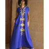 Electric Blue Siwa Heavily Embroidered Linen Dress with Hoodie handmade in Egypt & available at Jozee Boutique.