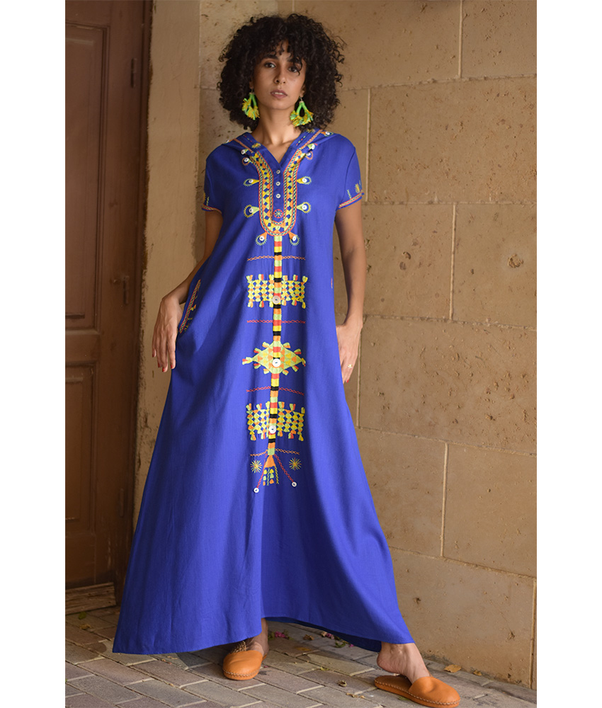 Electric Blue Siwa Heavily Embroidered Linen Dress with Hoodie handmade in Egypt & available at Jozee Boutique.