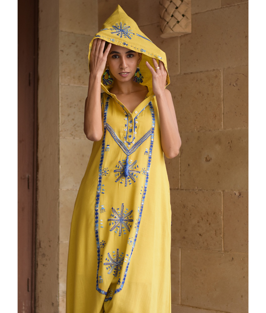 Mustard Siwa Embroidered Linen Dress with Hoodie handmade in Egypt & available at Jozee Boutique.