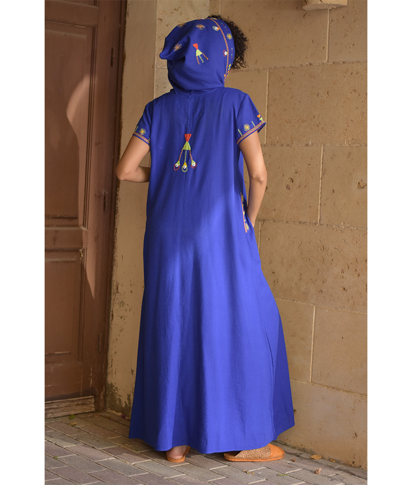 Electric Blue Siwa Heavily Embroidered Linen Dress with Hoodie handmade in Egypt & available at Jozee Boutique.
