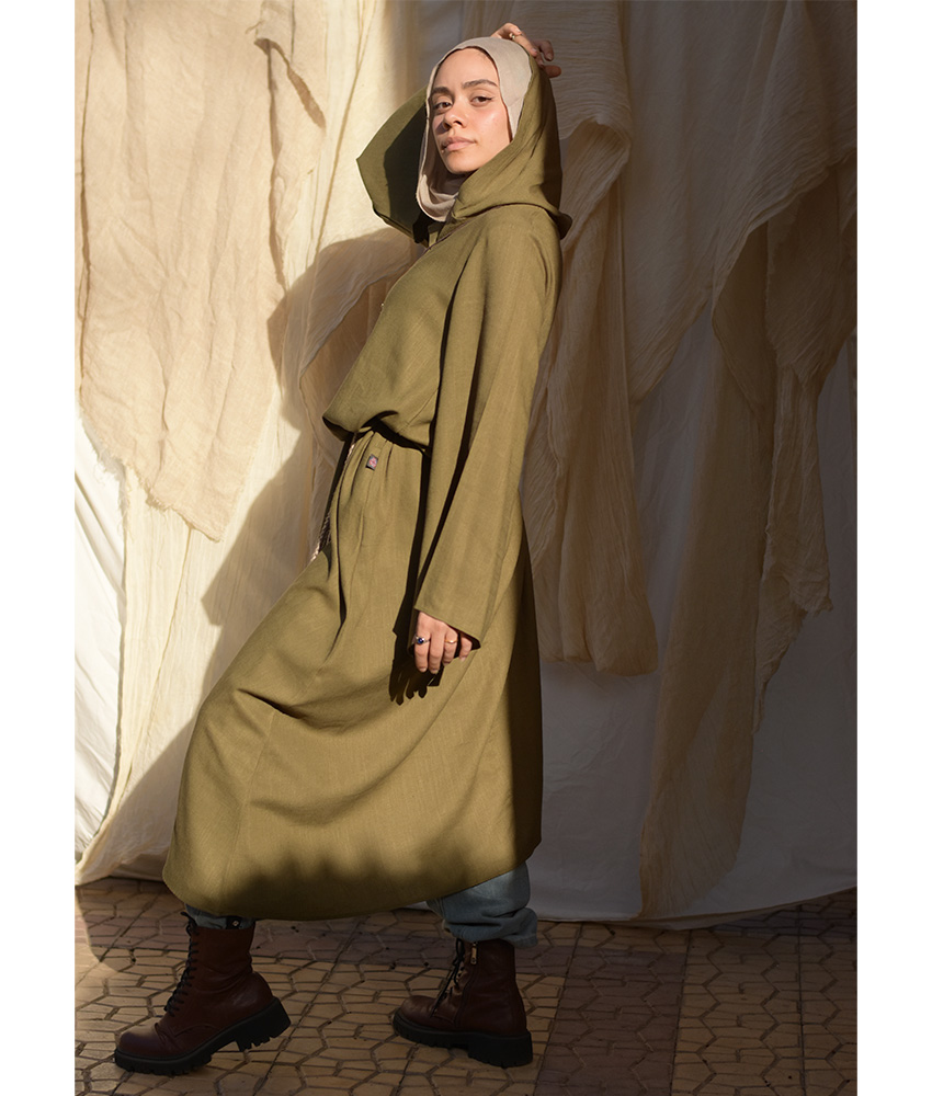 Army green Linen Dress with Hoodie handmade in Egypt & available at Jozee Boutique.