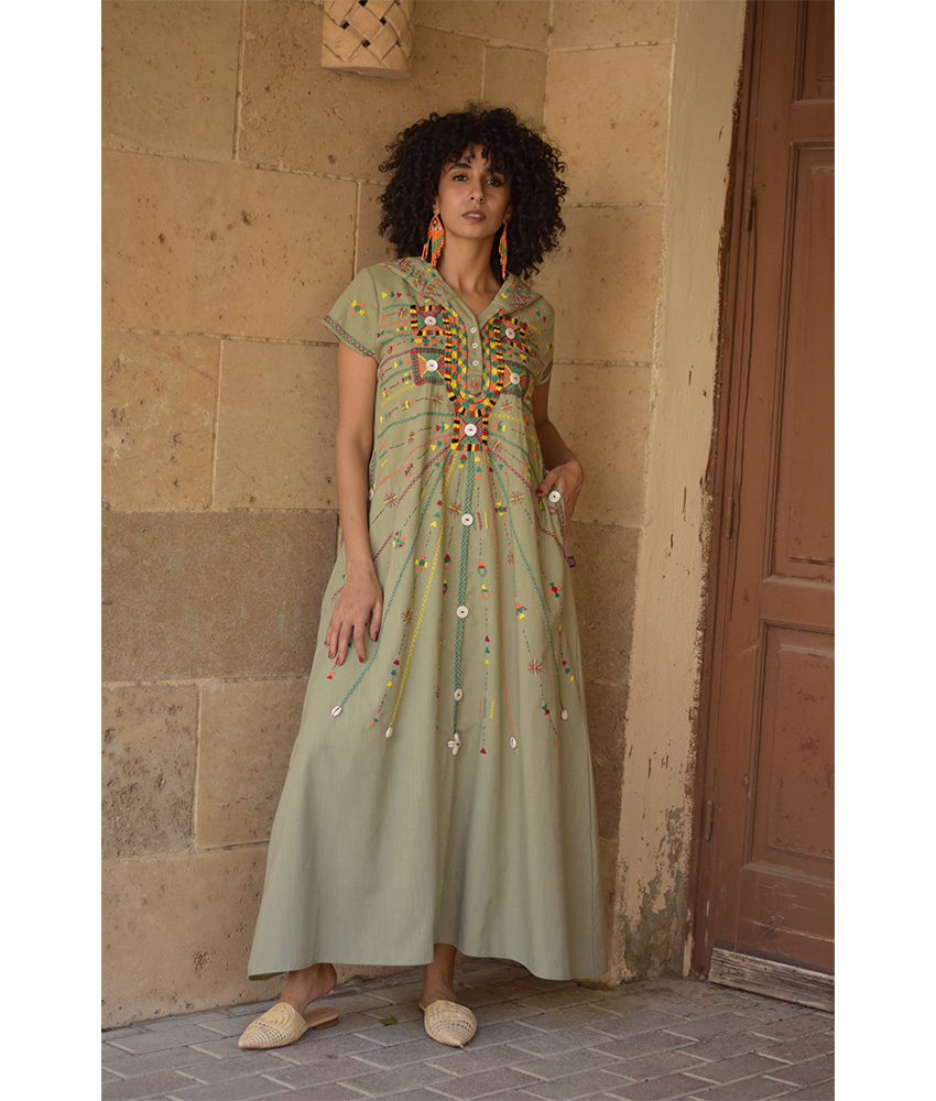Light olive Siwa Heavily Embroidered Linen Dress with Hoodie handmade in Egypt & available at Jozee Boutique.