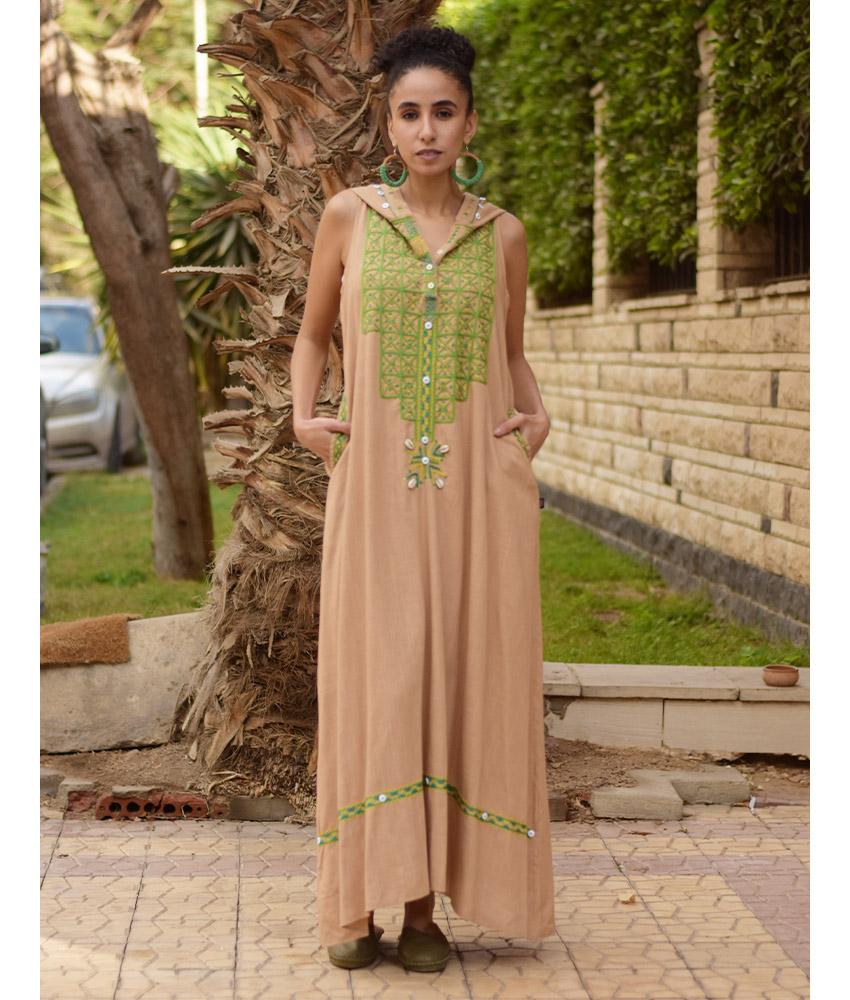 Dark beige Siwa Heavily Embroidered Linen Dress with Hoodie handmade in Egypt & available at Jozee Boutique.