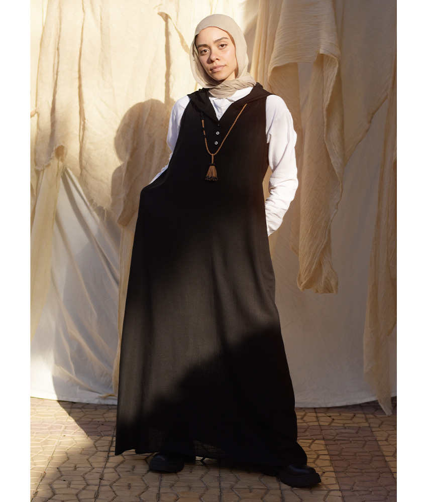 Black Linen Dress with Hoodie handmade in Egypt & available at Jozee Boutique.