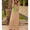 Dark beige Siwa Heavily Embroidered Linen Dress with Hoodie handmade in Egypt & available at Jozee Boutique.