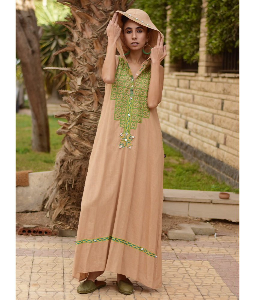 Dark beige Siwa Heavily Embroidered Linen Dress with Hoodie handmade in Egypt & available at Jozee Boutique.