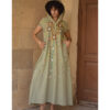 Light olive Siwa Heavily Embroidered Linen Dress with Hoodie handmade in Egypt & available at Jozee Boutique.