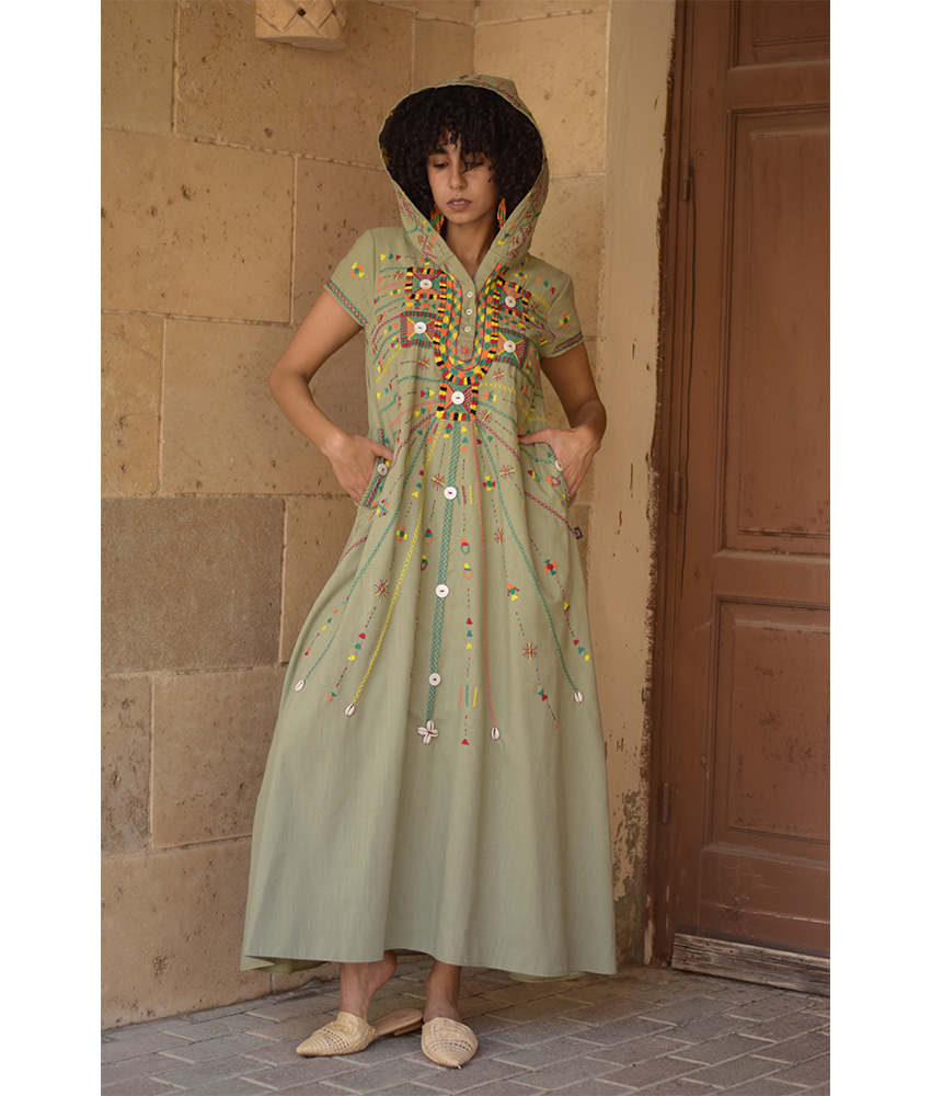 Light olive Siwa Heavily Embroidered Linen Dress with Hoodie handmade in Egypt & available at Jozee Boutique.