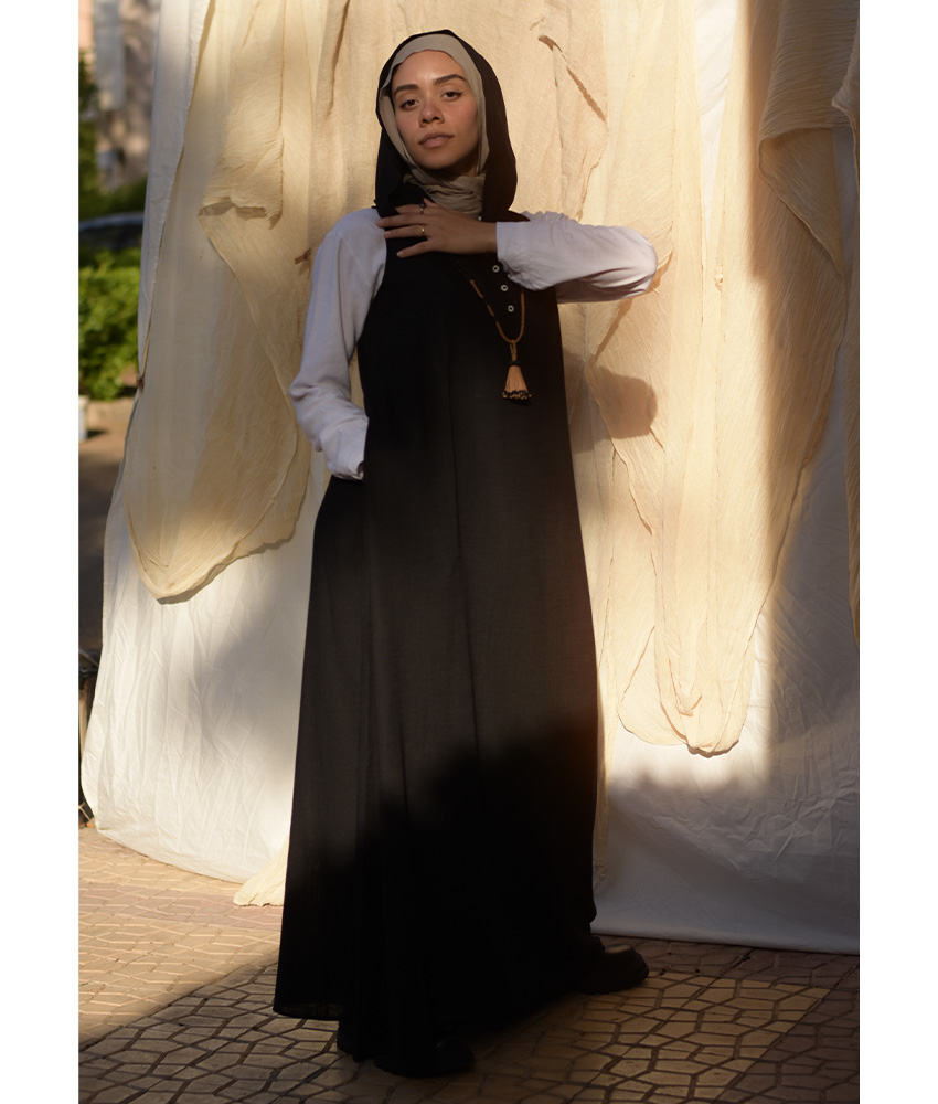 Black Linen Dress with Hoodie handmade in Egypt & available at Jozee Boutique.