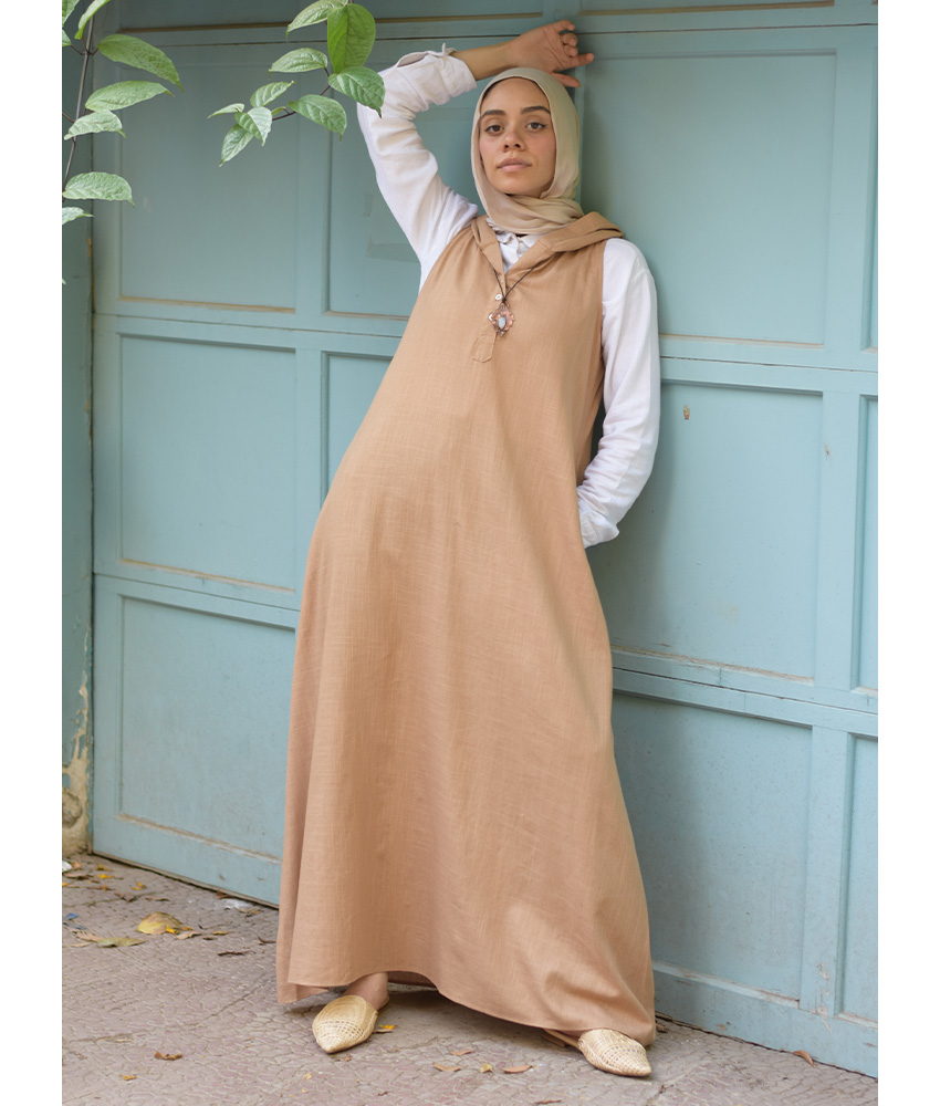 Dark Beige Linen Dress with Hoodie handmade in Egypt & available at Jozee Boutique.