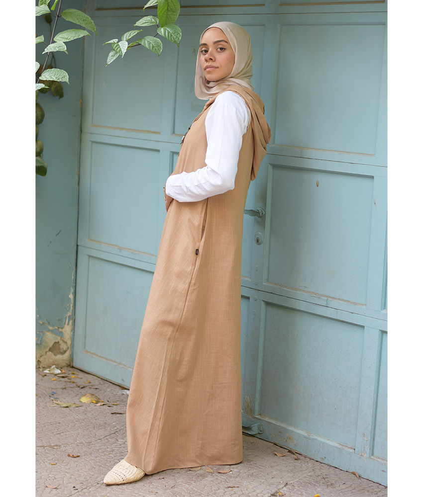 Dark Beige Linen Dress with Hoodie handmade in Egypt & available at Jozee Boutique.