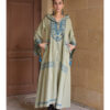 Light olive Siwa Embroidered Linen Dress with Hoodie handmade in Egypt & available at Jozee Boutique.