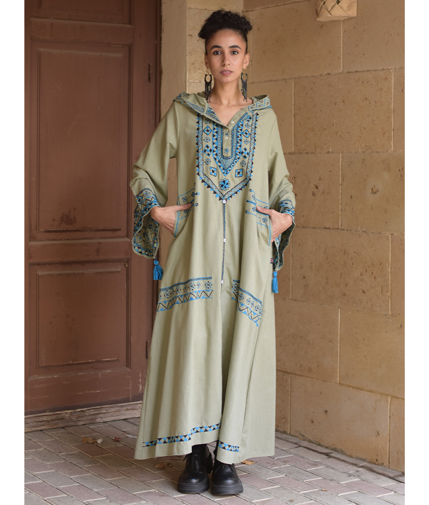 Light olive Siwa Embroidered Linen Dress with Hoodie handmade in Egypt & available at Jozee Boutique.