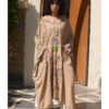 Dark Beige Siwa Embroidered Linen Kaftan with Hoodie handmade in Egypt & available at Jozee Boutique.