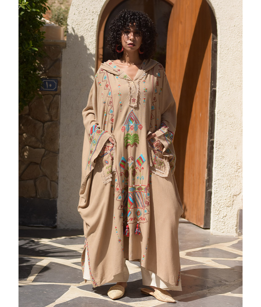 Dark Beige Siwa Embroidered Linen Kaftan with Hoodie handmade in Egypt & available at Jozee Boutique.