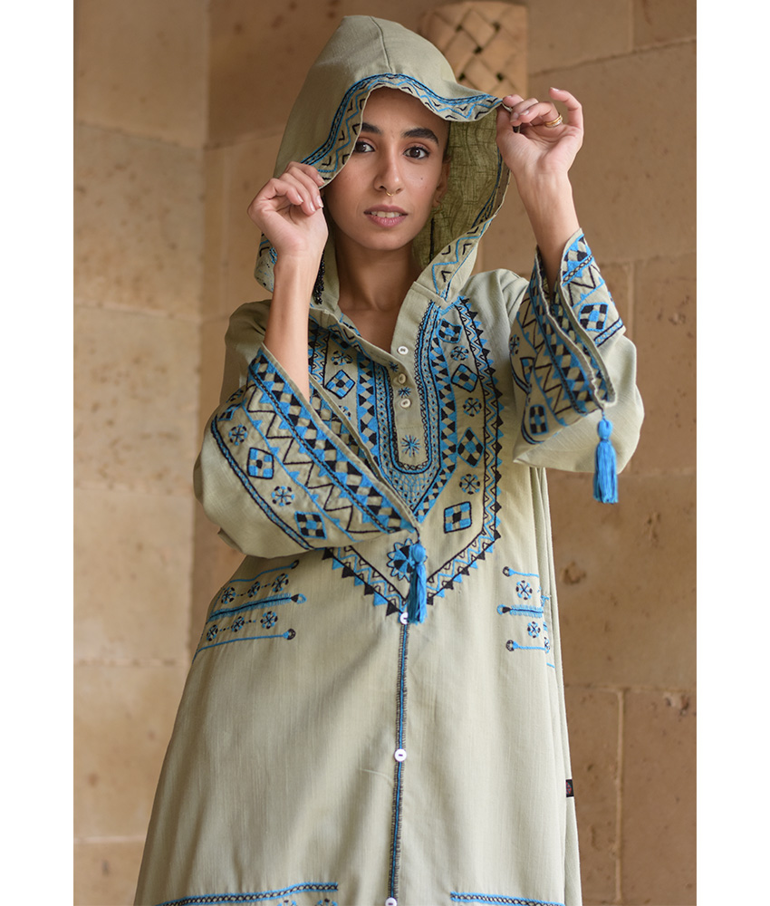 Light olive Siwa Embroidered Linen Dress with Hoodie handmade in Egypt & available at Jozee Boutique.