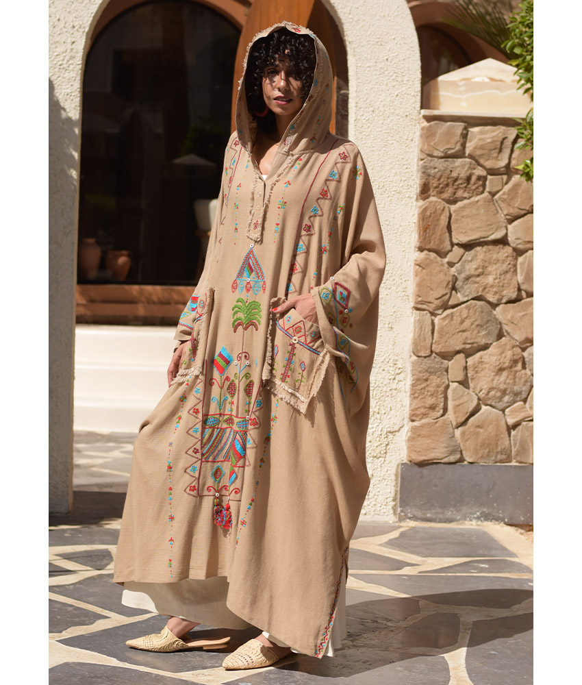 Dark Beige Siwa Embroidered Linen Kaftan with Hoodie handmade in Egypt & available at Jozee Boutique.