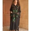 Black Siwa Heavily Embroidered Linen Kaftan with Hoodie handmade in Egypt & available at Jozee Boutique.