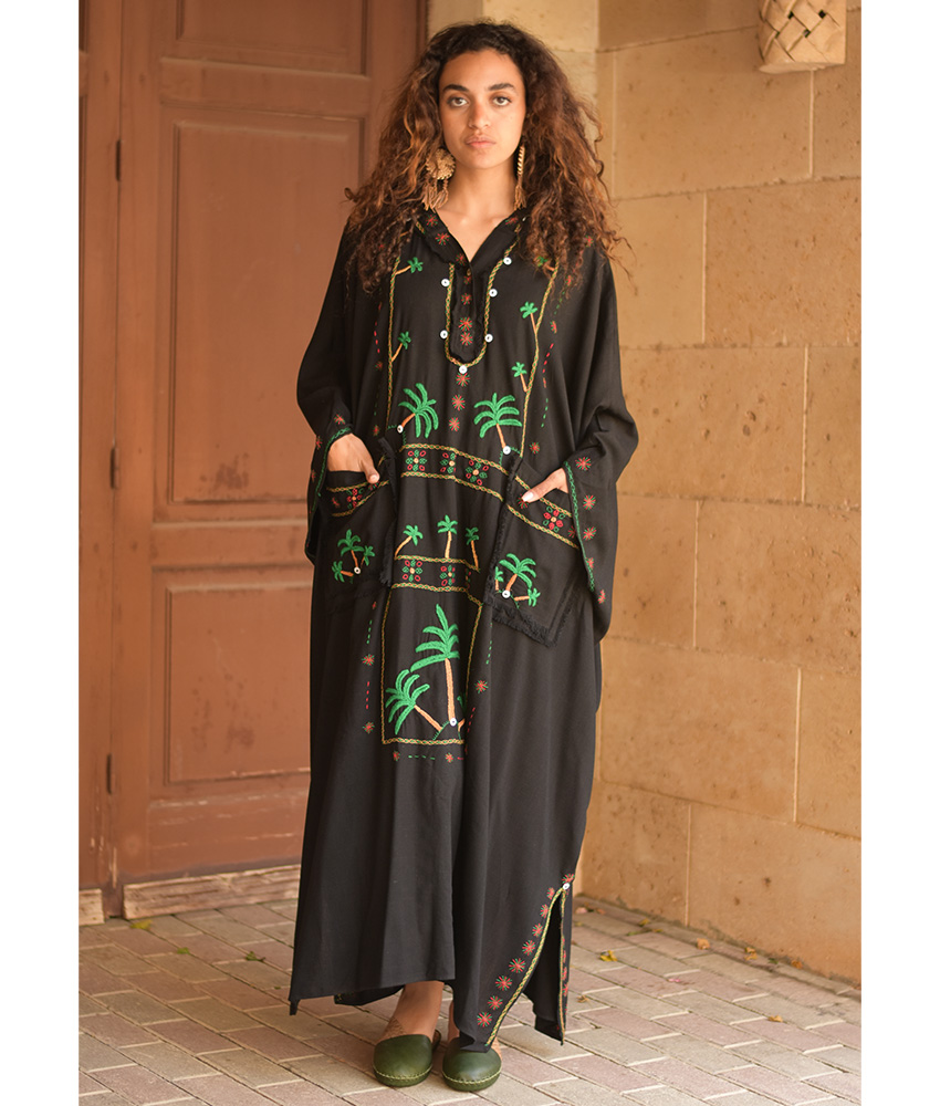 Black Siwa Heavily Embroidered Linen Kaftan with Hoodie handmade in Egypt & available at Jozee Boutique.