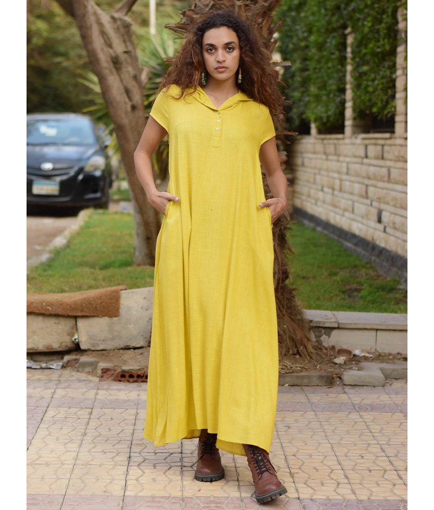Mustard Linen Dress with Hoodie handmade in Egypt & available at Jozee Boutique.