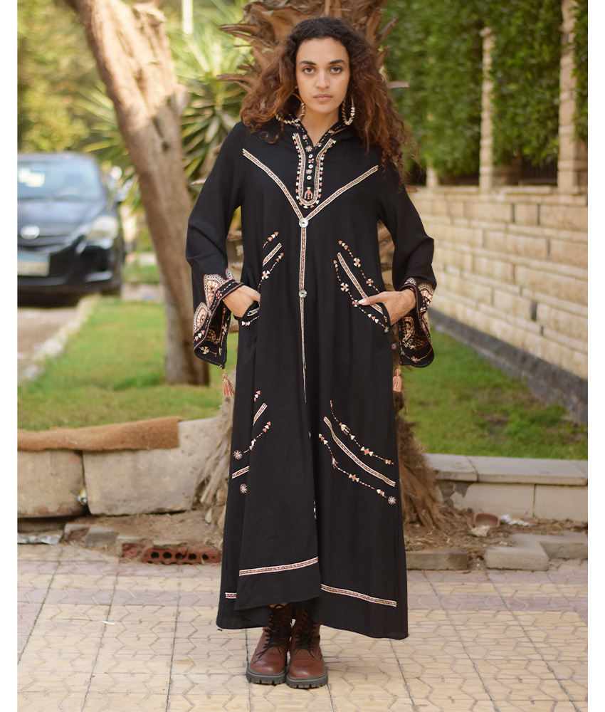 Black Siwa Embroidered Linen Dress with Hoodie handmade in Egypt & available at Jozee Boutique.